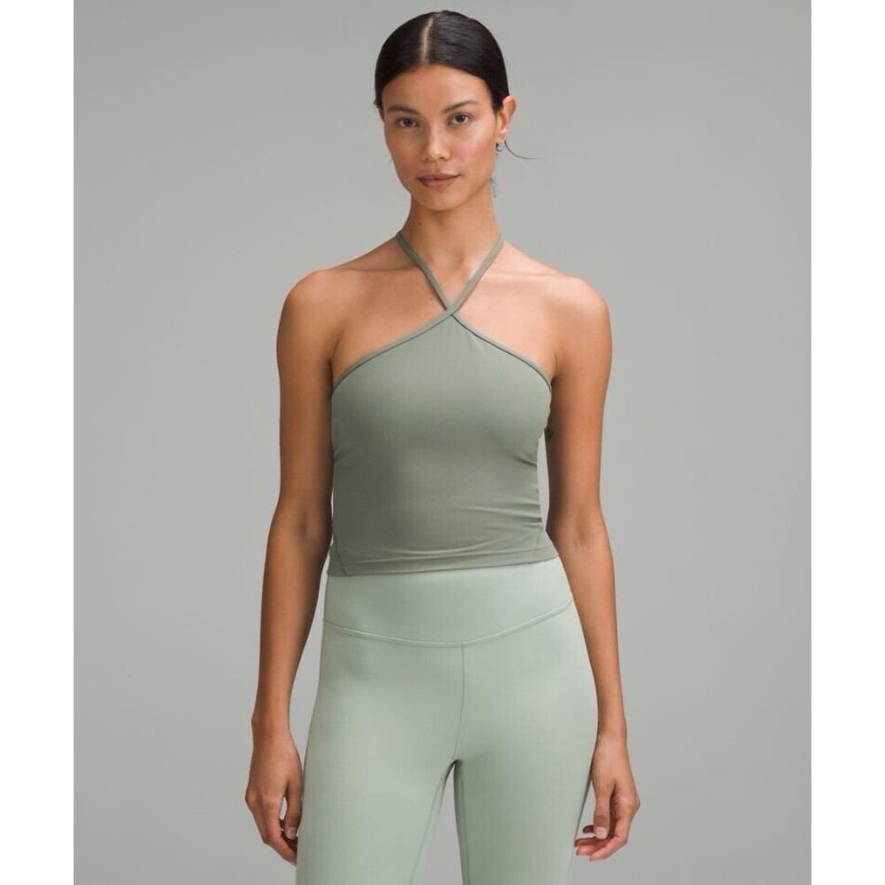 Lululemon Align T- Strap Tank Cropped Green Eucalyptus Nulu Removable Pads 2 NWT